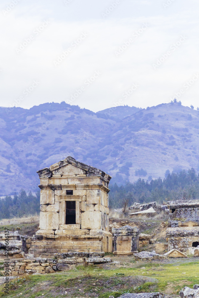 Ruins of acropolis and landscape of Hierapolis, in Pamukkale, Turkey