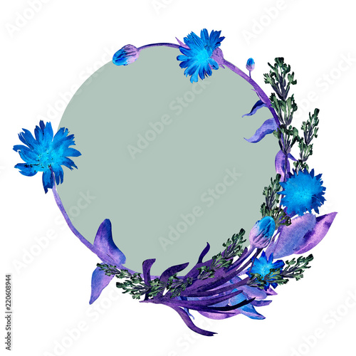 Hand drawn watercolor blue flowers and leaves wreath of calenula officinalis and lavender and dark green circle background.