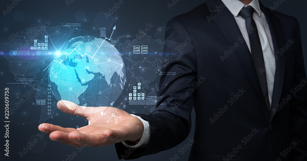 Businessman handing transparent global information flow concept on his hand Businessman handing transparent global information flow concept on his hand
