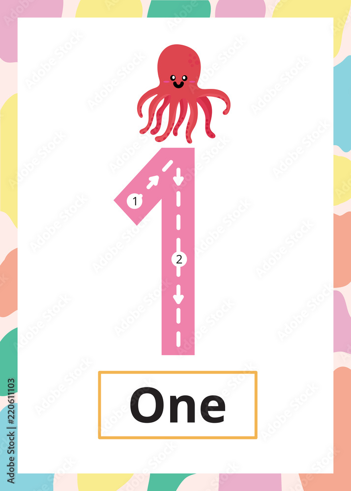 Number Tracing Worksheet one, 1, Kid number one with octopus. Number Tracing Worksheet one, 1, Kid number one with octopus.