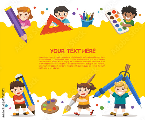Back to School. Happy school kids with elements of school. Template for advertising brochure. Children look up with interest.