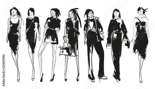 Stylish fashion models. Pretty young girls. Fashion girls sketch set