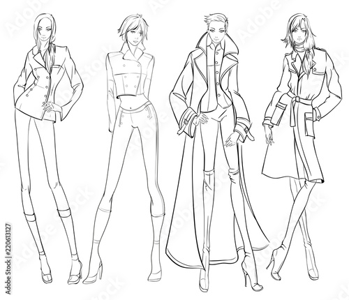 Stylish fashion models. Pretty young girls. Fashion girls Sketch