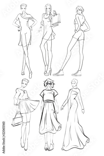 Stylish fashion models. Pretty young girls. Fashion girls Sketch