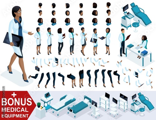 Isometric Woman Doctor African American  create your 3D surgeon  sets of gestures of the feet  hands and emotions. Bonus medical equipment  set 1