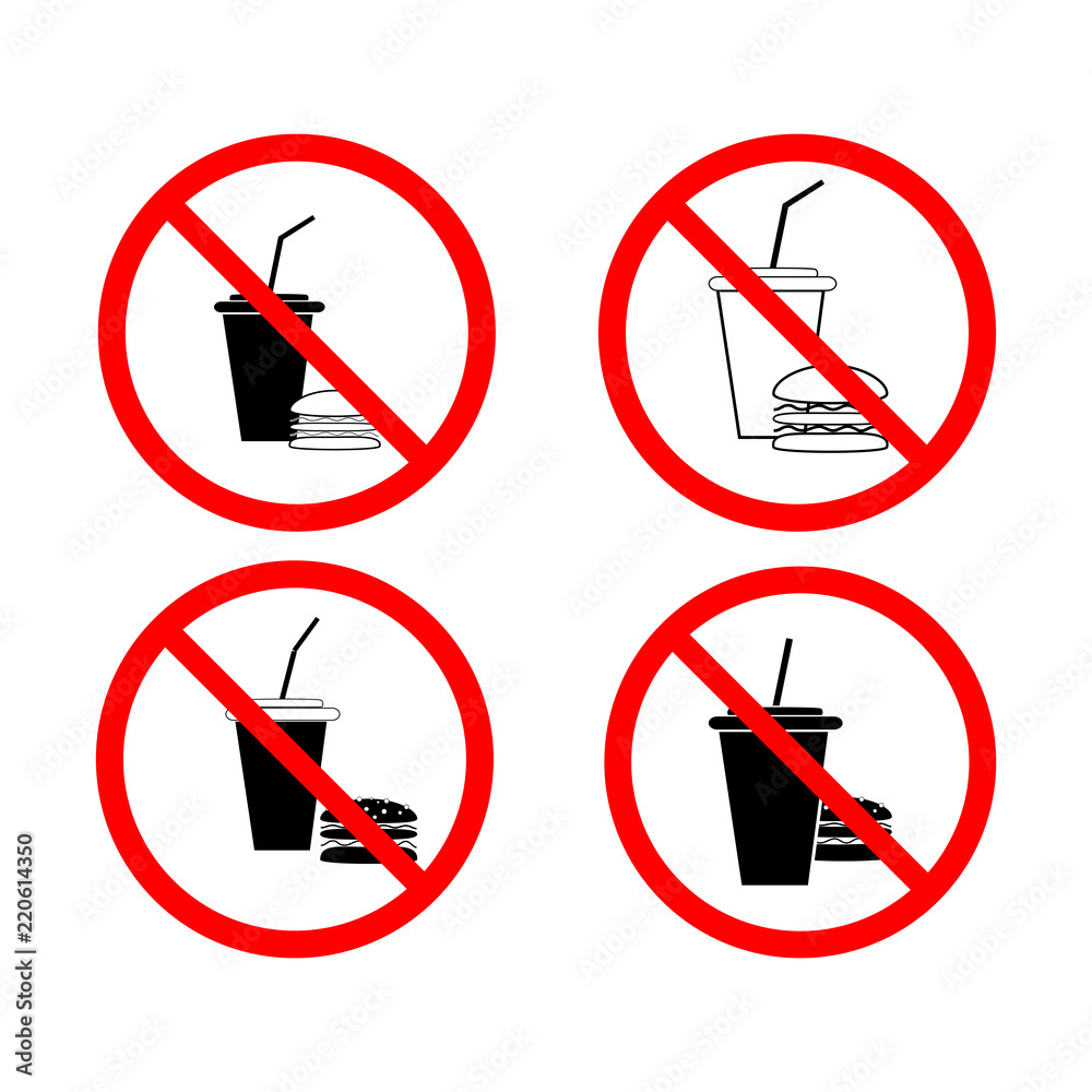 No food and drink set. Silhouette hamburger in red circle. Sign no meal on white background. Label no eating. Symbol forbidden fast food for poster, banner. Mark warning. Flat vector illustration. No food and drink set. Silhouette hamburger in red circle. Sign no meal on white background. Label no eating. Symbol forbidden fast food for poster, banner. Mark warning. Flat vector illustration.