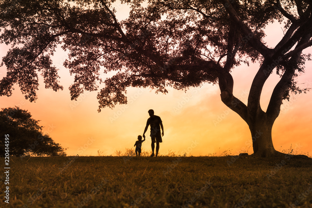 Father walking the his little boy in a beautiful outdoor sunset setting. Fatherhood and family lifestyle concepts. 