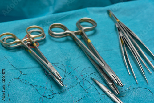 Many surgical instruments in operating table