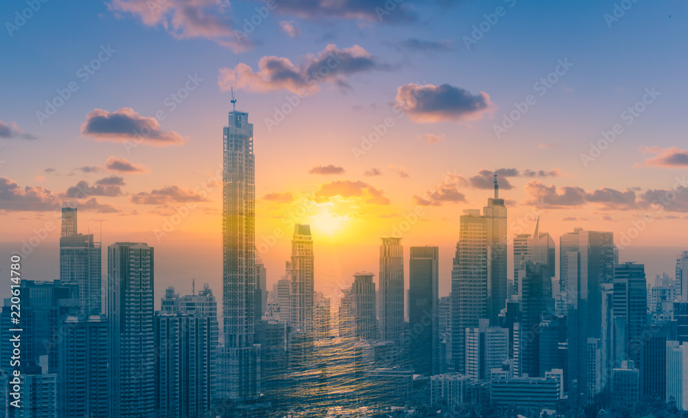 City sunset skyline. Double exposure. City sunset skyline. Double exposure.