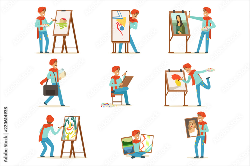 Happy smiling artist painting on canvas set. Talented painter colorful character vector illustrations