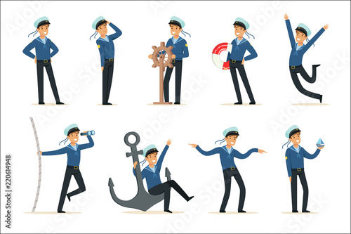 Sailor character doing his job set. Seaman in different situations cartoon vector Illustrations photo
