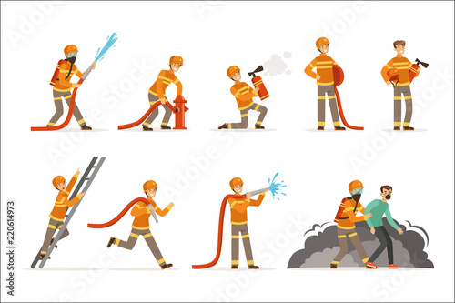 Firemen characters doing their job and saving people set. Firefighter in different situations cartoon vector Illustrations