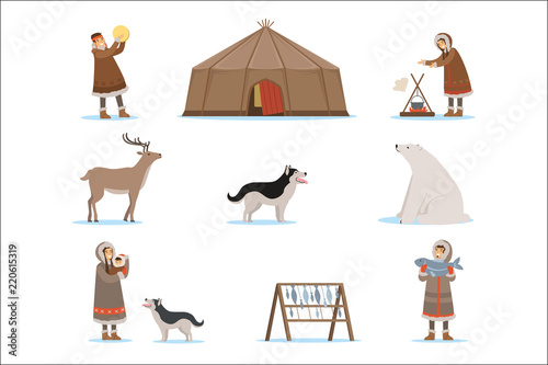 Eskimo characters in traditional clothing, arctic animals, igloo house. Life in the far north. Set of colorful cartoon detailed vector Illustrations