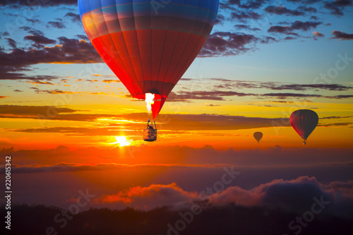 Beautiful balloons in the sky at sunset, Bali, Indonesia