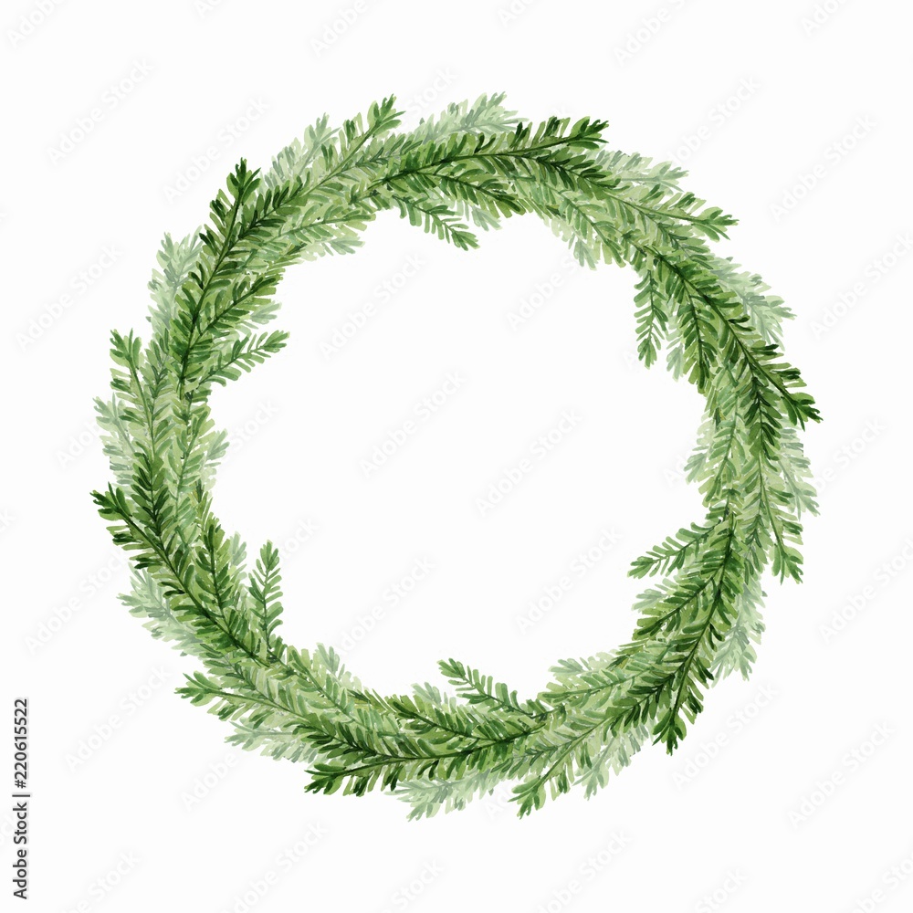 Watercolor illustration. Christmas greem fir tree wreath Watercolor illustration. Christmas greem fir tree wreath