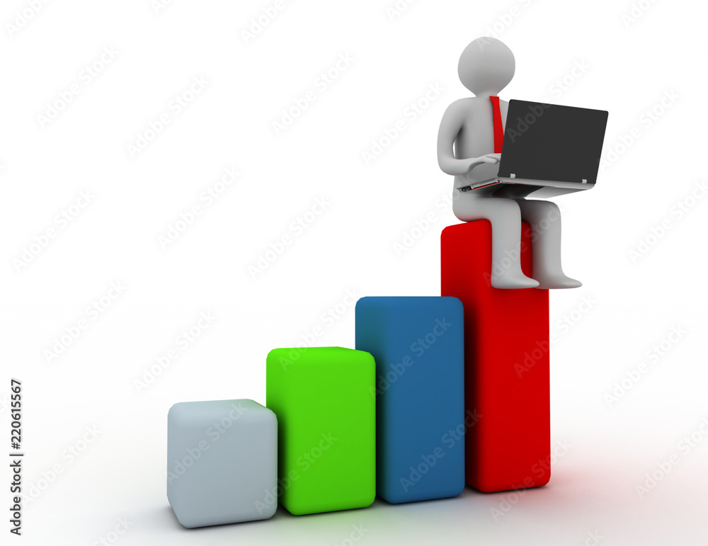 3d man sitting with Laptop on colorful business graph. rendered illustration 3d man sitting with Laptop on colorful business graph. rendered illustration