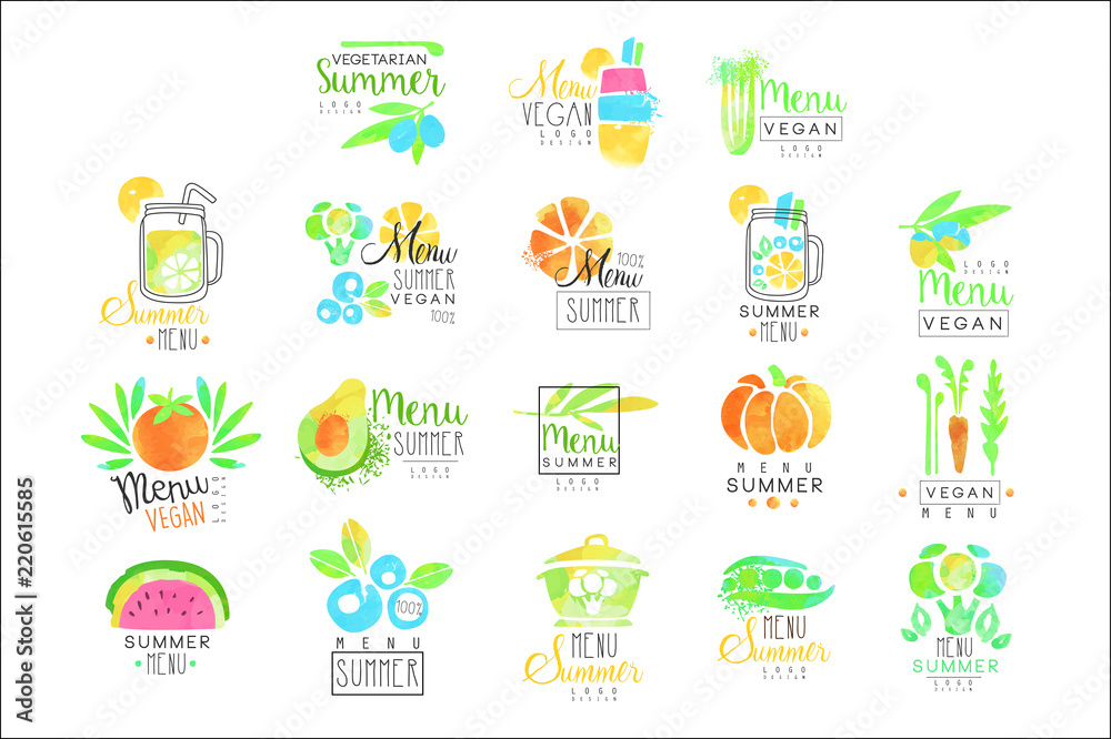 Summer vegetarian menu set for logo design. Collection of colorful Illustrations