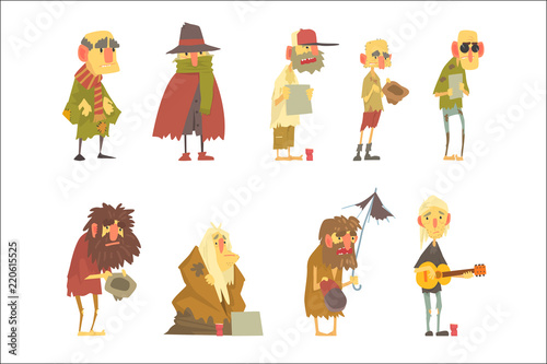 Homeless men characters set. Unemployment and homeless issues cartoon vector Illustrations