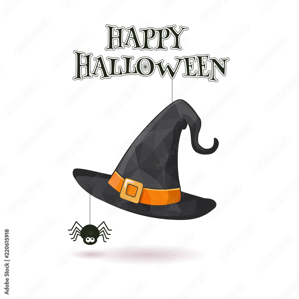 Witch hat and spider illustration on white BG
