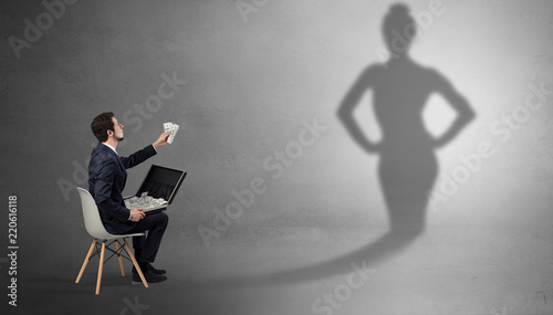Rich businessman staying and offering stuffs to a pretty shadow woman  