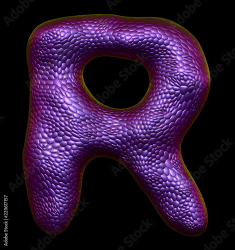 Letter R made of natural purple snake skin texture isolated on black. photo