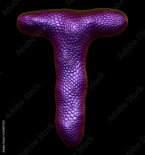 Letter T made of natural purple snake skin texture isolated on black.