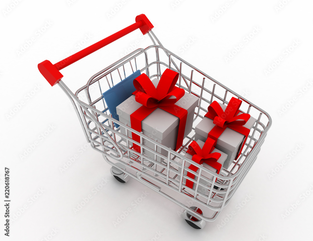 gift card in shopping cart, isolated on white background. 3d rendered illustration