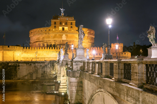 Rome at night. Castel Sant'Angelo at night with the sant angelo bridge. Rome, Italy. 