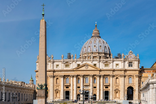 Front view of St. Peters basilica from St. Peter's square in Vatican City, Vatican.