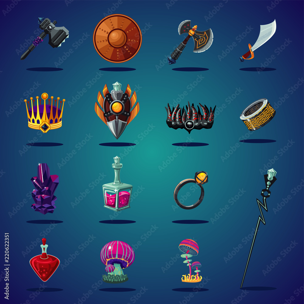 Legendary asset. Set of magic items and resource for computer fantasy game. Isolated cartoon icons set. Legendary asset. Set of magic items and resource for computer fantasy game. Isolated cartoon icons set.