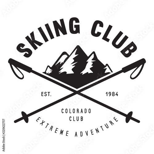Vintage ski or winter sports logo, badge, emblem, design element. Vector illustration. Monochrome Graphic Art.