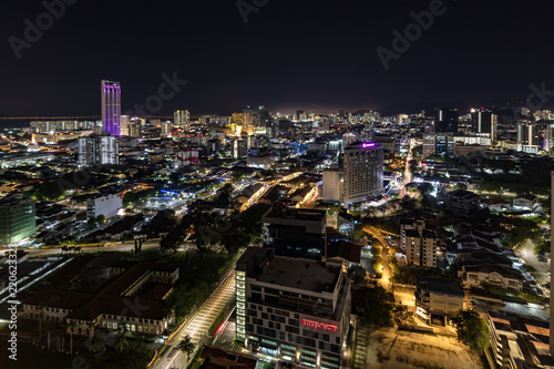 Night aerial panorama of Georges town  the biggest city of the Penang island in Malaysia view from Penang hills