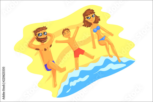 Cute cartoon family on beach Father,mother,son. Vector illustration