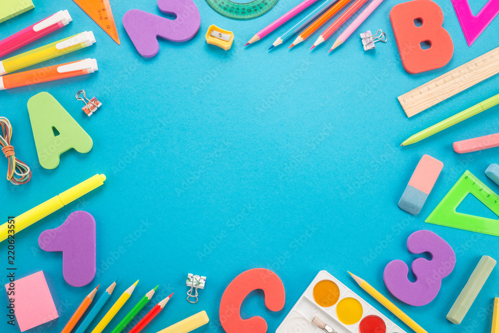 School supplies on a blue background 