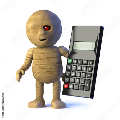 Vector 3d Egyptian mummy monster uses a calculator