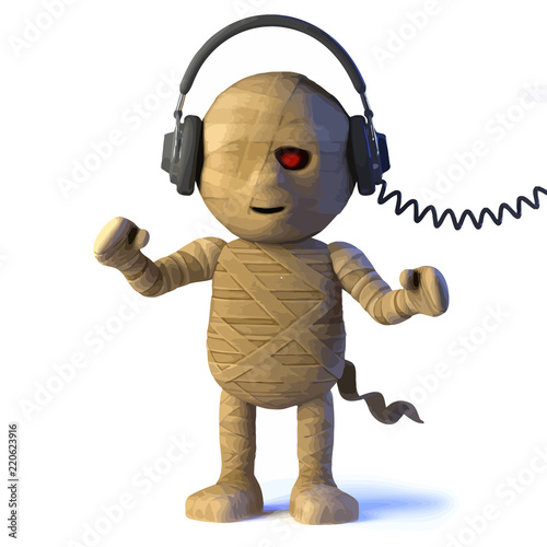Vector 3d Egyptian mummy monster listens to headphones