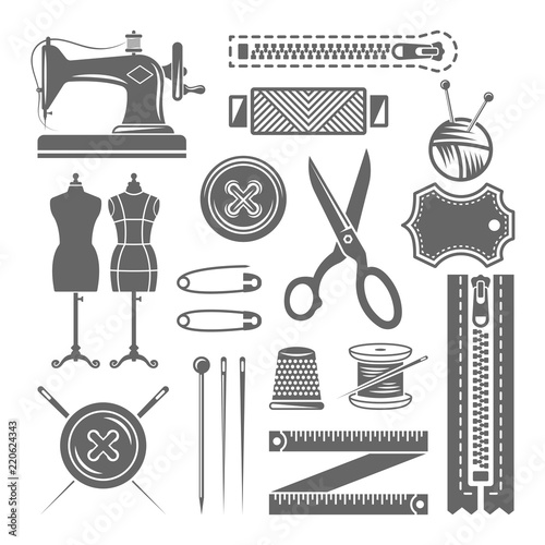 Sewing accessories and tailor shop vector elements