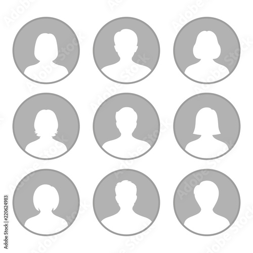 set of male and female silhouettes of avatar in gray circle on white background