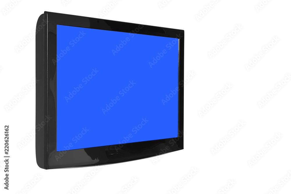 oblique lcd or led and plasma television or tv with black and blank blue screen  display