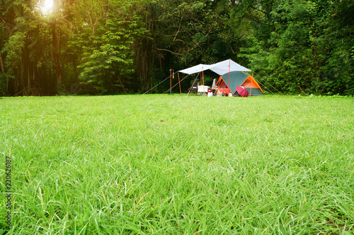 Принти на полотні nature landscape camping tent with tarp or flysheet under tree on green grass me