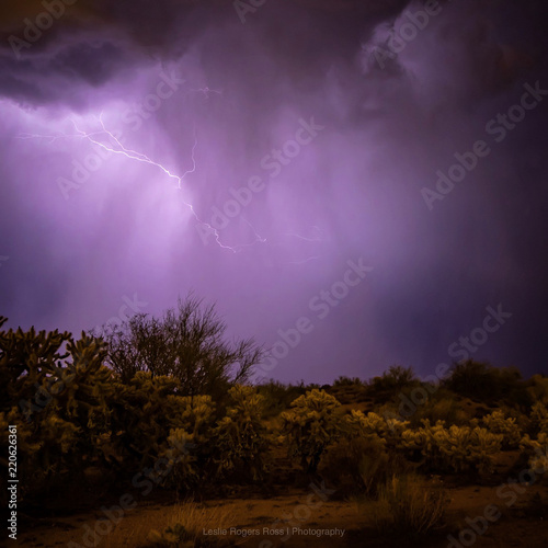Monsoon storms in the Sonoran desert near Phoenix  Arizona causes lightening  misty  swirling clouds and a stormy look and feel to the desert