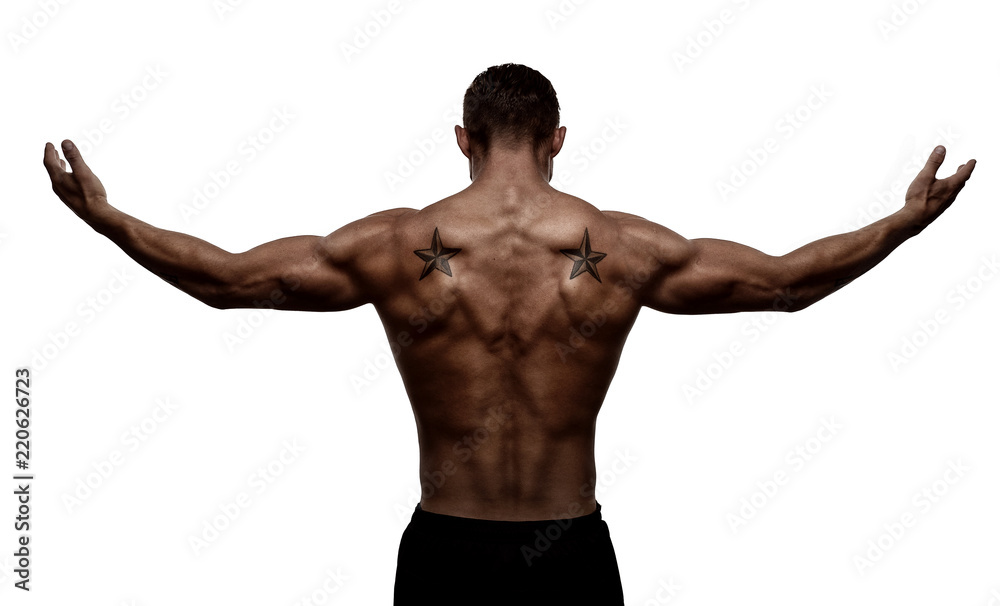 Rear view, silhouette of healthy young sports man with his arms stretched out, isolated on white background Rear view, silhouette of healthy young sports man with his arms stretched out, isolated on white background