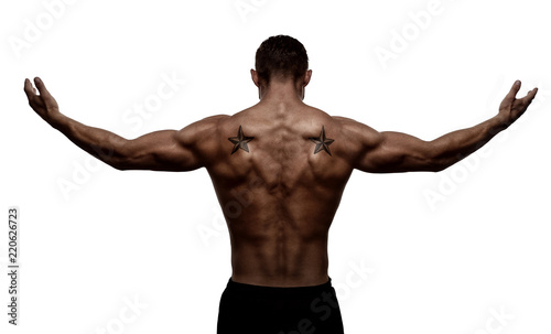 Rear view, silhouette of healthy young sports man with his arms stretched out, isolated on white background