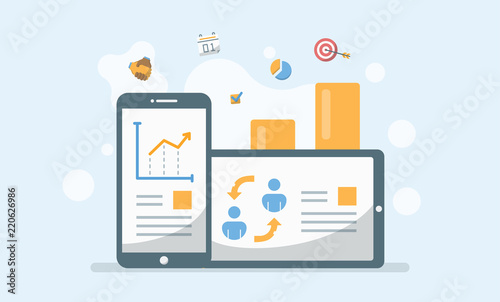 Business Management, Growth Report and Technology Application Vector Illustration. Suitable for Background, Wallpaper, Banner, Book Illustration, Web Landing Page and Creative Work