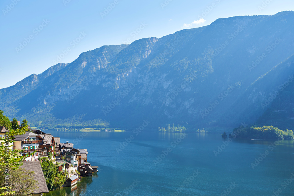 Hallstatt village on Hallstatter lake in Austrian Alps. Neutral colors