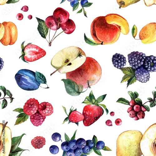 Fototapeta Naklejka Na Ścianę i Meble -  Beautiful hand drawn watercolor seamless pattern berries and fruits