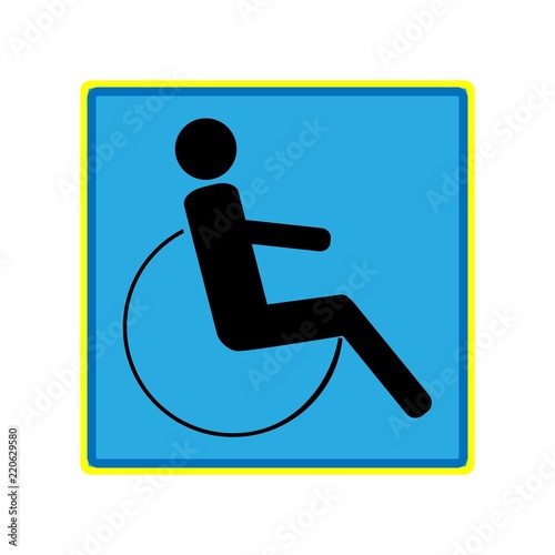 Disabled sign in blue square. Mark disability. Icon a place open passage. Symbol paralyzed and human on wheelchair. Safety person warning handicapped illustration. Design element. Vector illustration