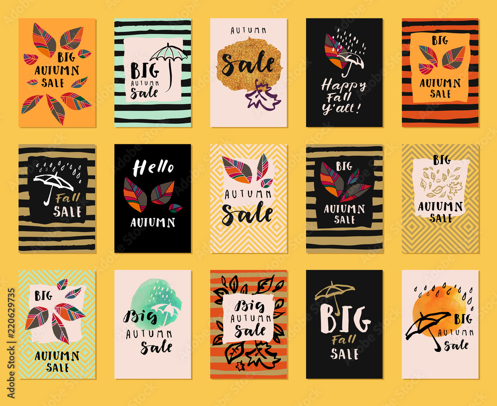 Big Autumn Sale. Happy Fall Y'all, Hello Autumn. Set of modern calligraphic compositions. Hand lettered icons