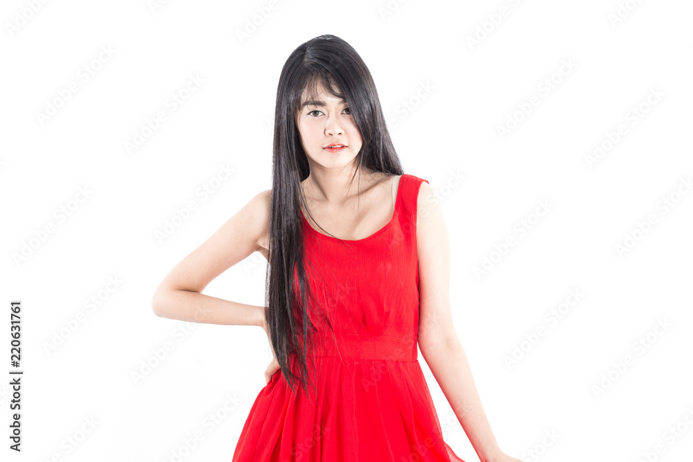 Beautiful Attractive Asian young woman wearing red dress smile and looking at camera feeling so happiness and cheerful,Isolated on white background,Beauty Concept Beautiful Attractive Asian young woman wearing red dress smile and looking at camera feeling so happiness and cheerful,Isolated on white background,Beauty Concept