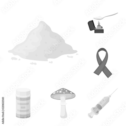 Drug addiction and attributes monochrome icons in set collection for design. Addict and Drug vector symbol stock web illustration.
